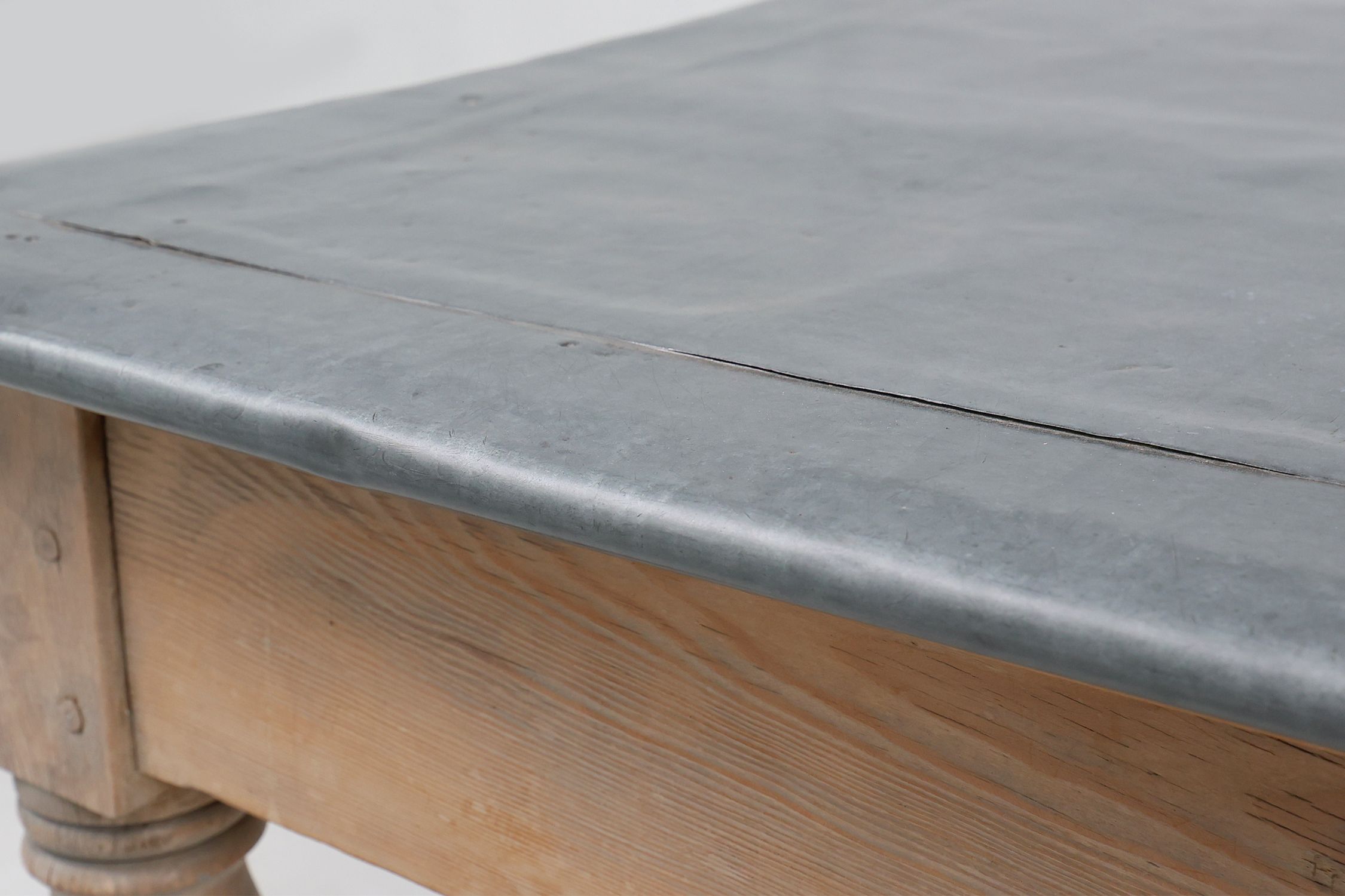 Rustic French pine wood dinner table with zinc top, ca. 1850thumbnail